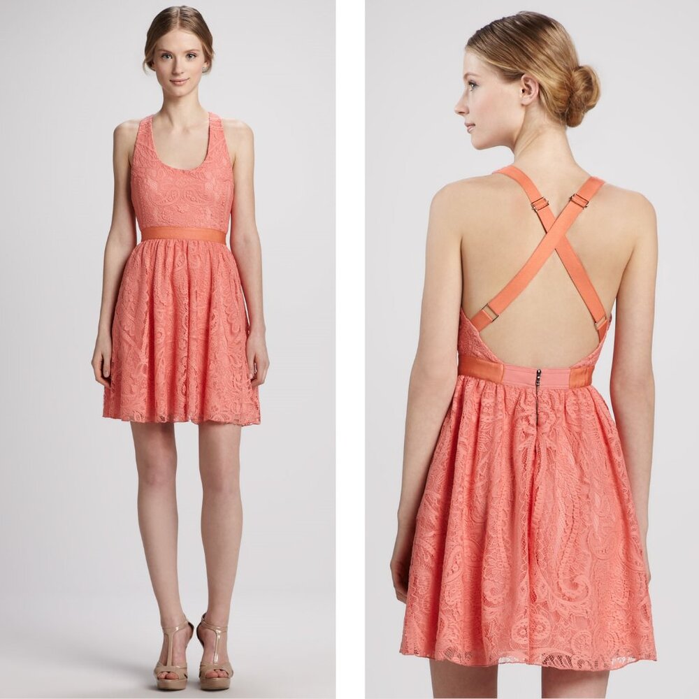 NWOT Alice & Olivia Odette Cross Back Salmon Lace Dress